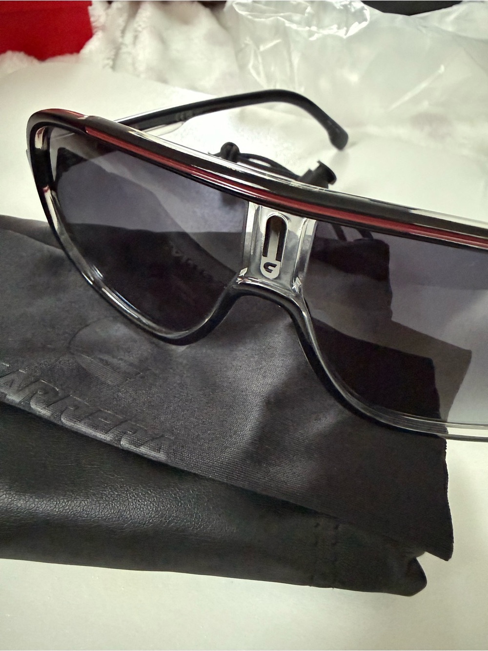 Carrera Men’s Shield Sunglasses in Black with Red Accent